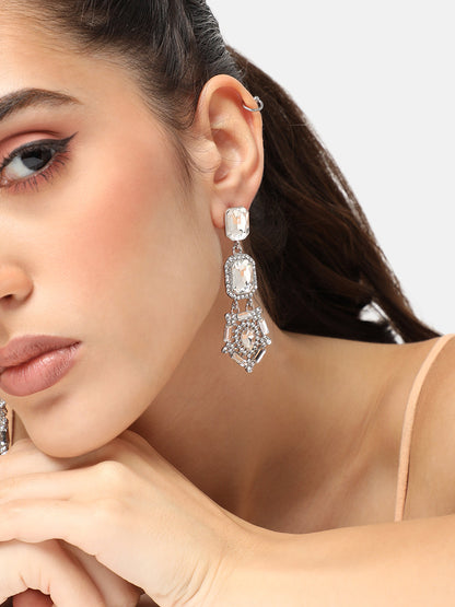 SILVER PLATED PARTY DESIGNER STONE DROP EARRING FOR WOMEN