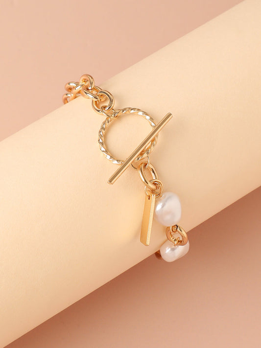 GOLD PLATED CASUAL PEARLS LINK BRACELET FOR WOMEN