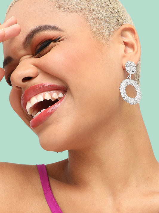 SILVER PLATED PARTY DESIGNER STONE DROP EARRING FOR WOMEN