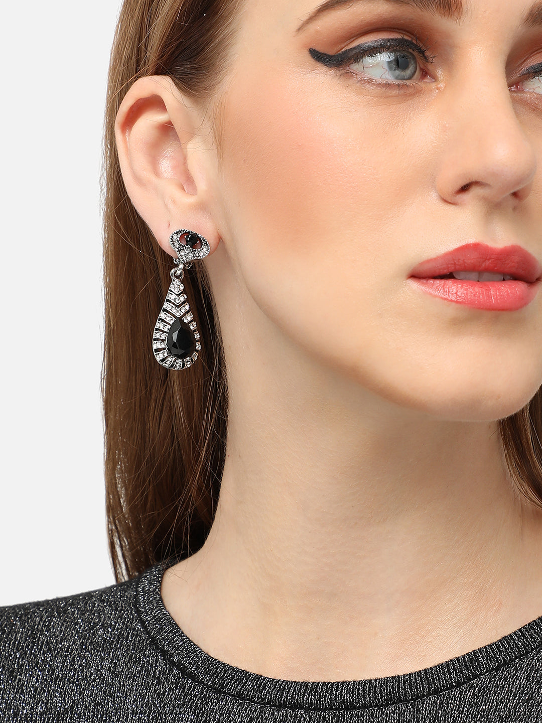 SILVER PLATED PARTY DESIGNER STONE DROP EARRING FOR WOMEN