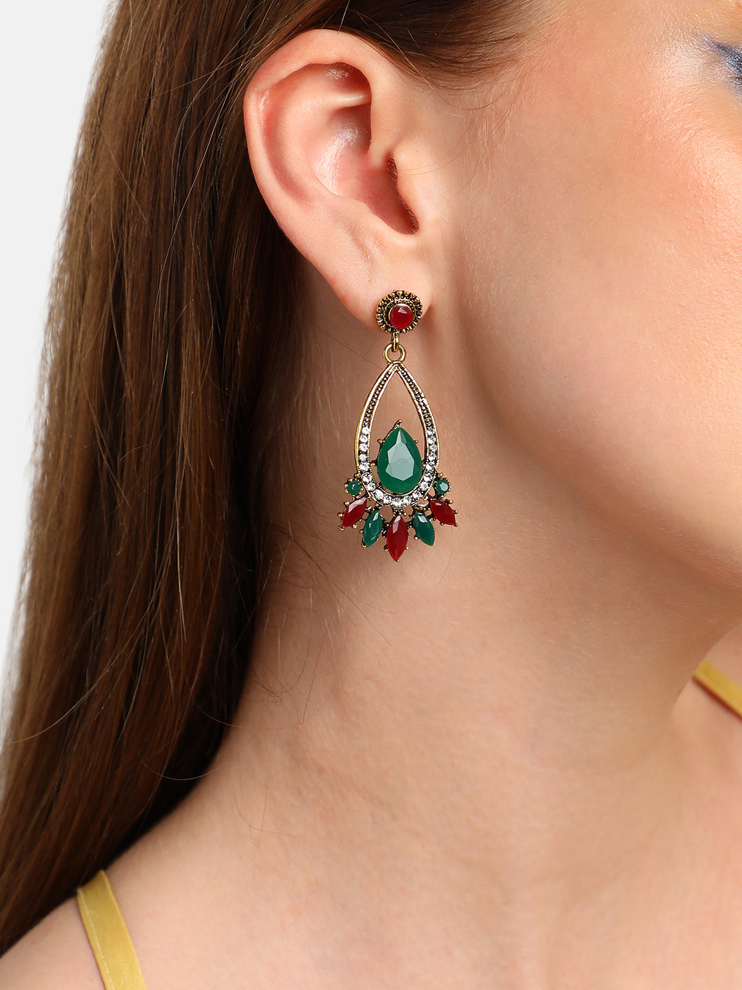 GOLD PLATED PARTY DESIGNER STONE DROP EARRING FOR WOMEN