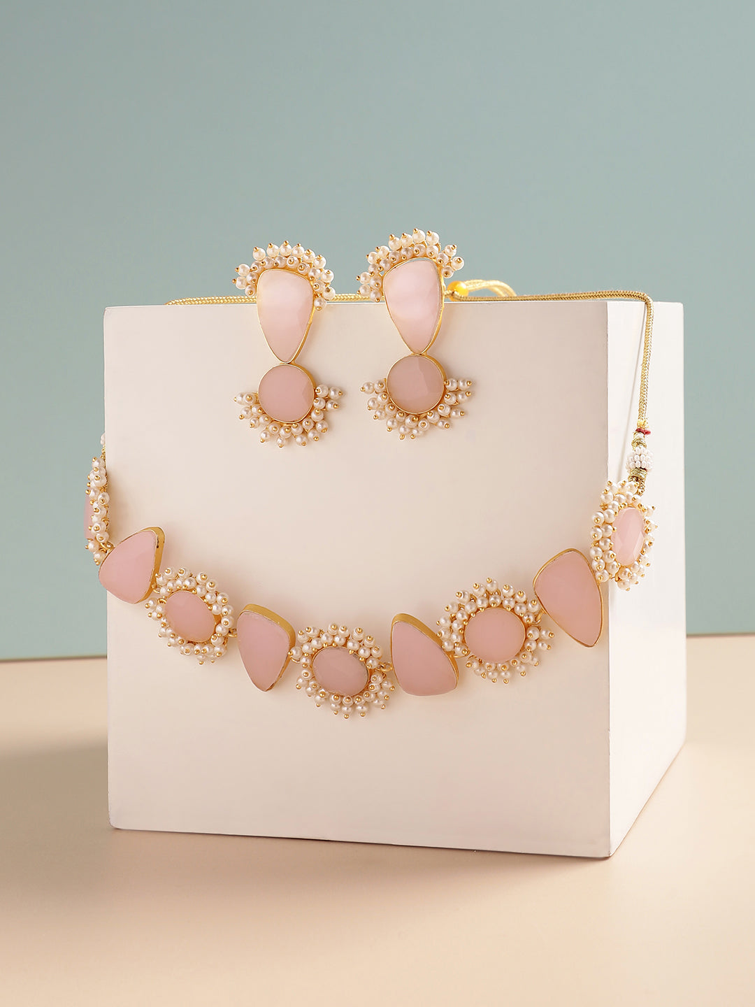 GOLD PLATED DESIGNER STONE BEADED NECKLACE AND EARRING SET