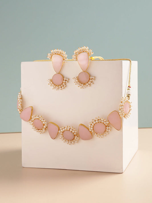 GOLD PLATED DESIGNER STONE BEADED NECKLACE AND EARRING SET