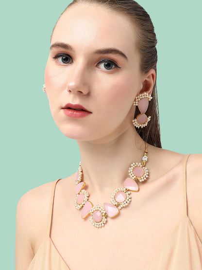 GOLD PLATED DESIGNER STONE BEADED NECKLACE AND EARRING SET
