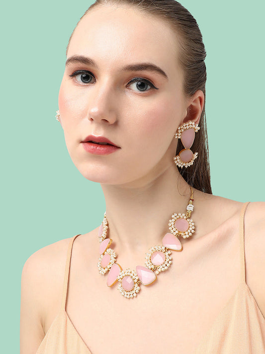 GOLD PLATED DESIGNER STONE BEADED NECKLACE AND EARRING SET