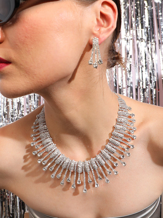 Silver Plated Designer Stone Party Necklace and Earring Set