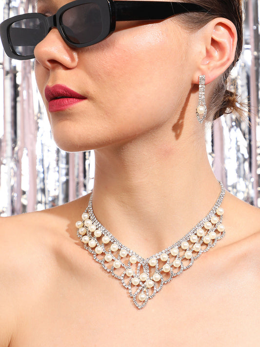 Silver Plated Designer Stone Party Necklace and Earring Set