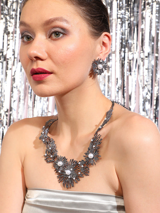 Silver Plated Designer Party Necklace and Earring Set