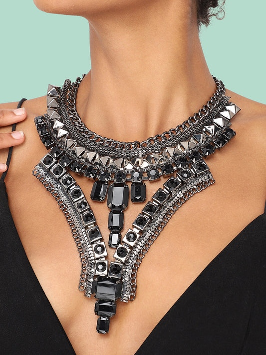 SILVER PLATED PARTY DESIGNER STONE STATEMENT NECKLACE FOR WOMEN