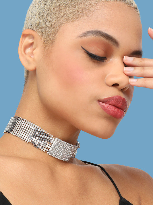 SILVER PLATED PARTY DESIGNER STONE CHOKER NECKLACE FOR WOMEN