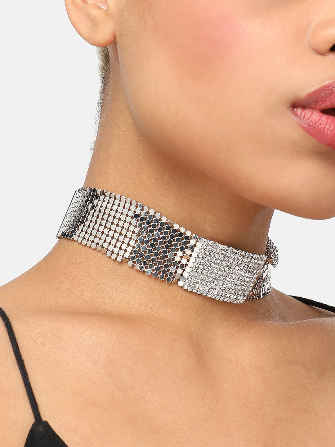 SILVER PLATED PARTY DESIGNER STONE CHOKER NECKLACE FOR WOMEN
