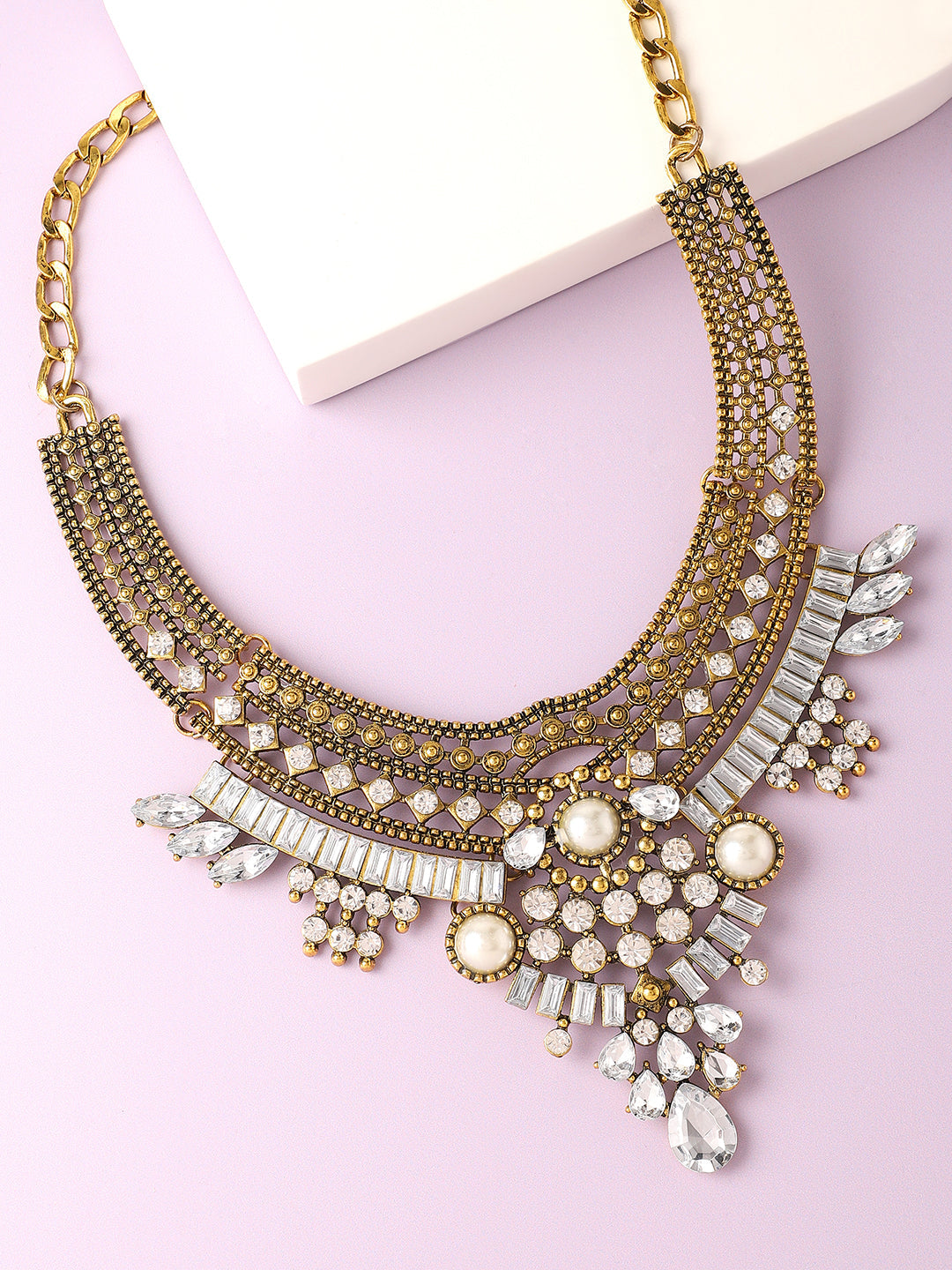 GOLD PLATED PARTY DESIGNER STONE STATEMENT NECKLACE FOR WOMEN
