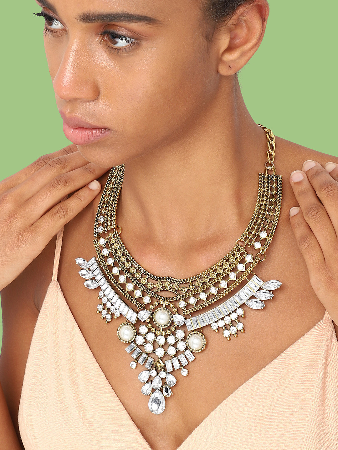 GOLD PLATED PARTY DESIGNER STONE STATEMENT NECKLACE FOR WOMEN