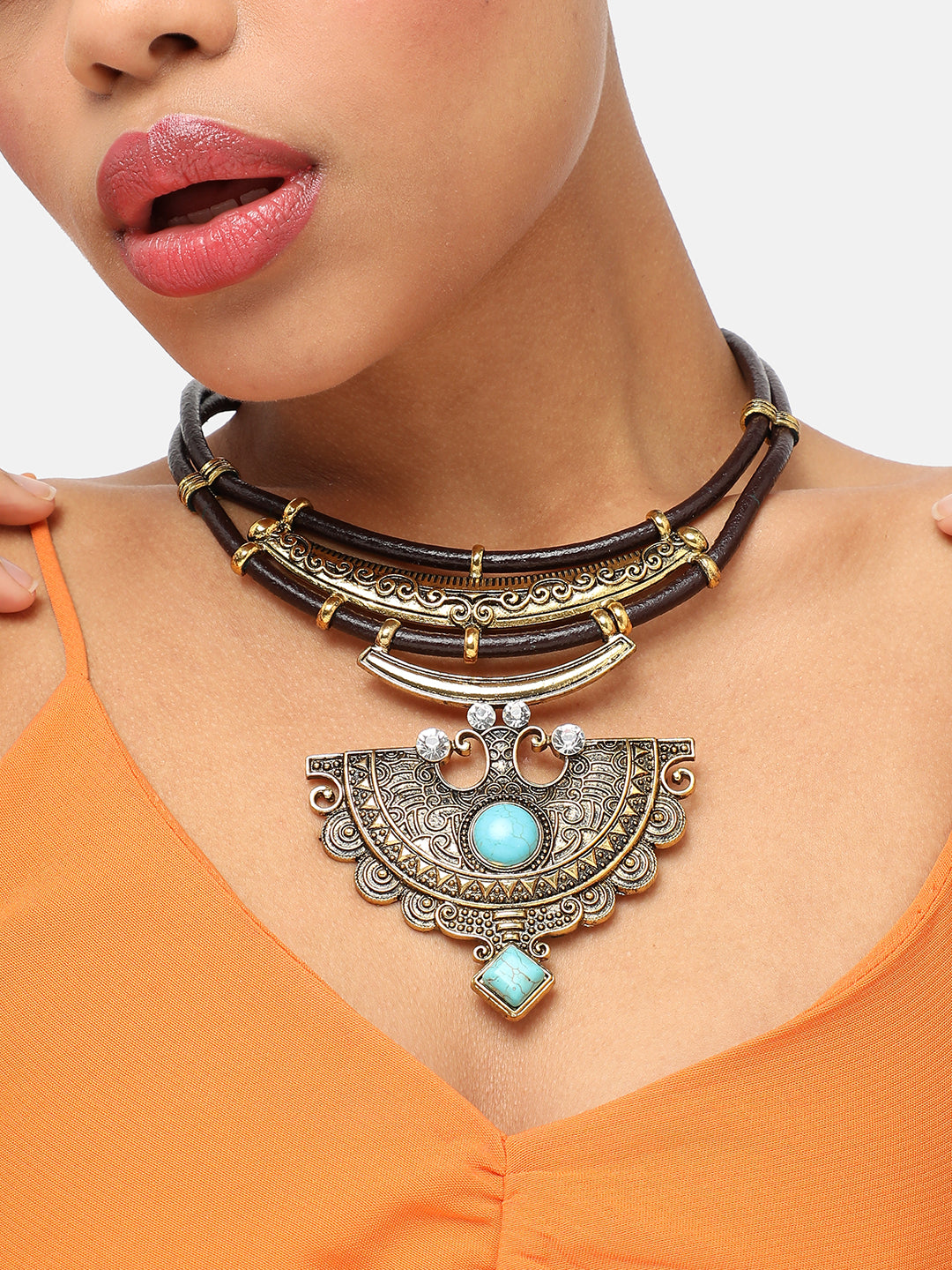 GOLD PLATED PARTY DESIGNER STONE STATEMENT NECKLACE FOR WOMEN