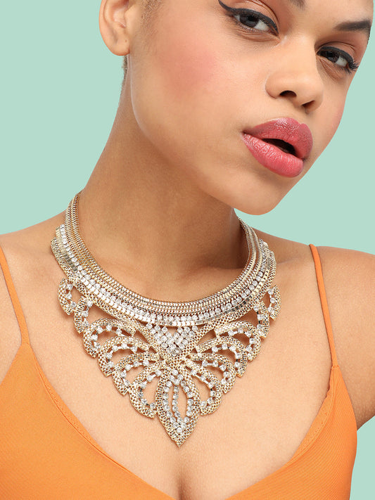 GOLD PLATED PARTY DESIGNER STONE STATEMENT NECKLACE FOR WOMEN