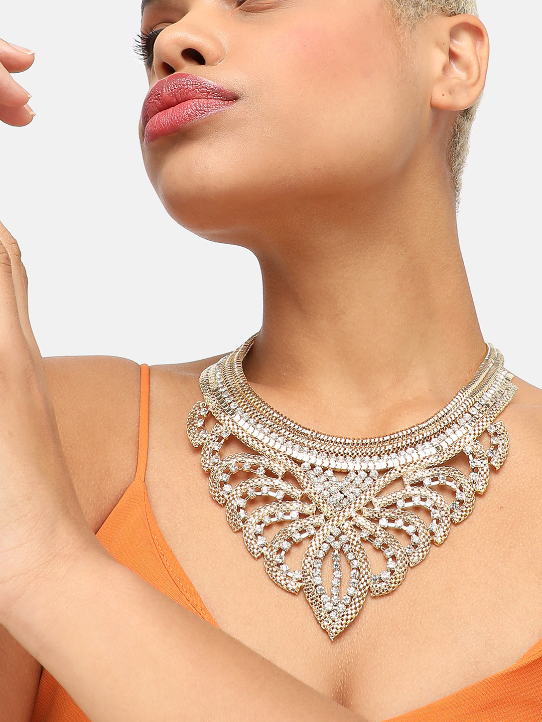 GOLD PLATED PARTY DESIGNER STONE STATEMENT NECKLACE FOR WOMEN