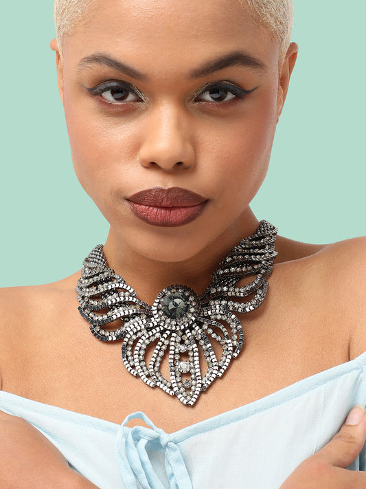 SILVER PLATED PARTY DESIGNER STONE STATEMENT NECKLACE FOR WOMEN