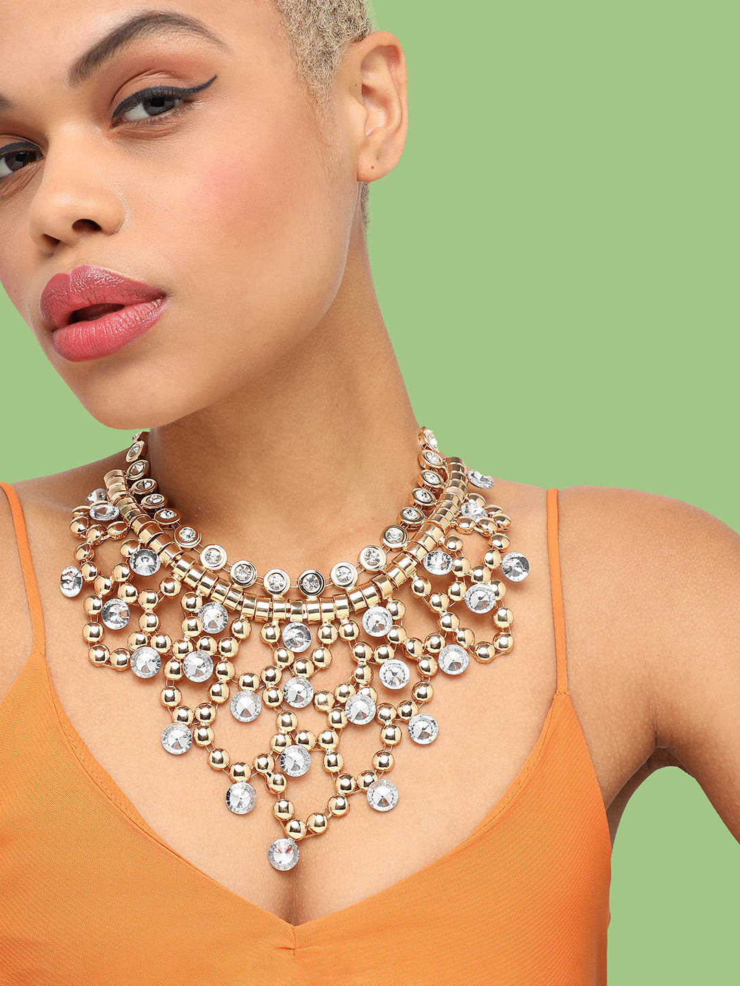 GOLD PLATED PARTY DESIGNER STONE STATEMENT NECKLACE FOR WOMEN