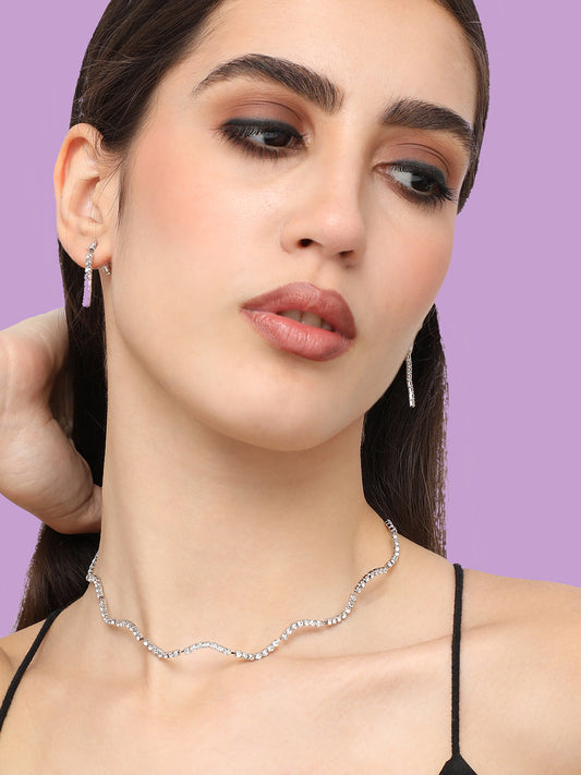 Silver Plated Designer Stone Party Necklace and Earring Set For Women