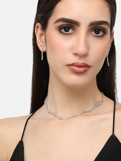 Silver Plated Designer Stone Party Necklace and Earring Set For Women