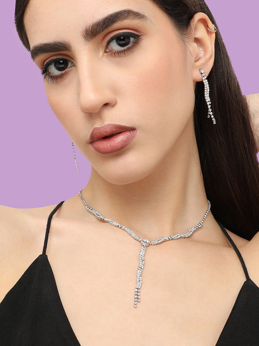 Silver Plated Designer Stone Party Necklace and Earring Set For Women