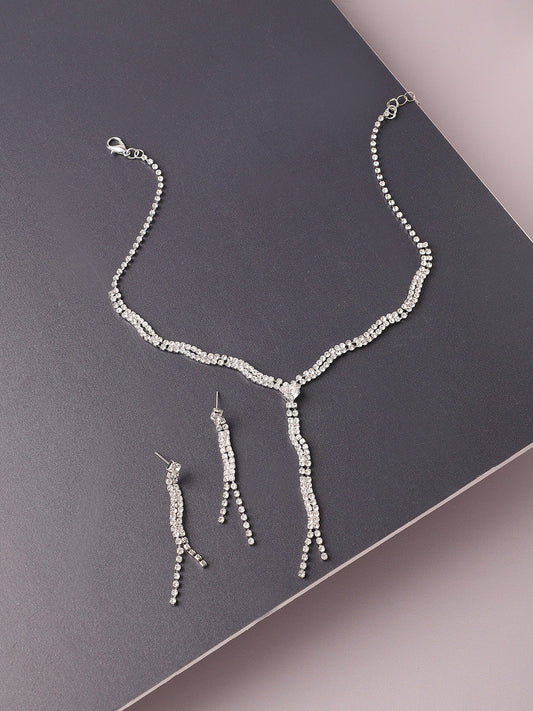 Silver Plated Designer Stone Party Necklace and Earring Set For Women