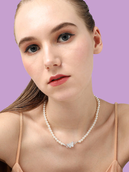 SILVER PLATED PARTY PEARLS CHOKER NECKLACE FOR WOMEN