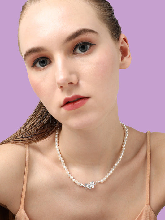 SILVER PLATED PARTY PEARLS CHOKER NECKLACE FOR WOMEN