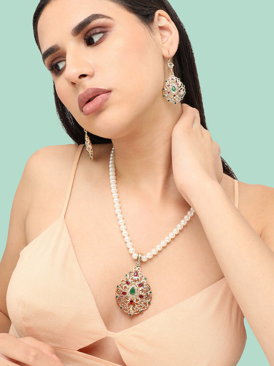 Gold Plated Pearls Party Necklace and Earring Set For Women