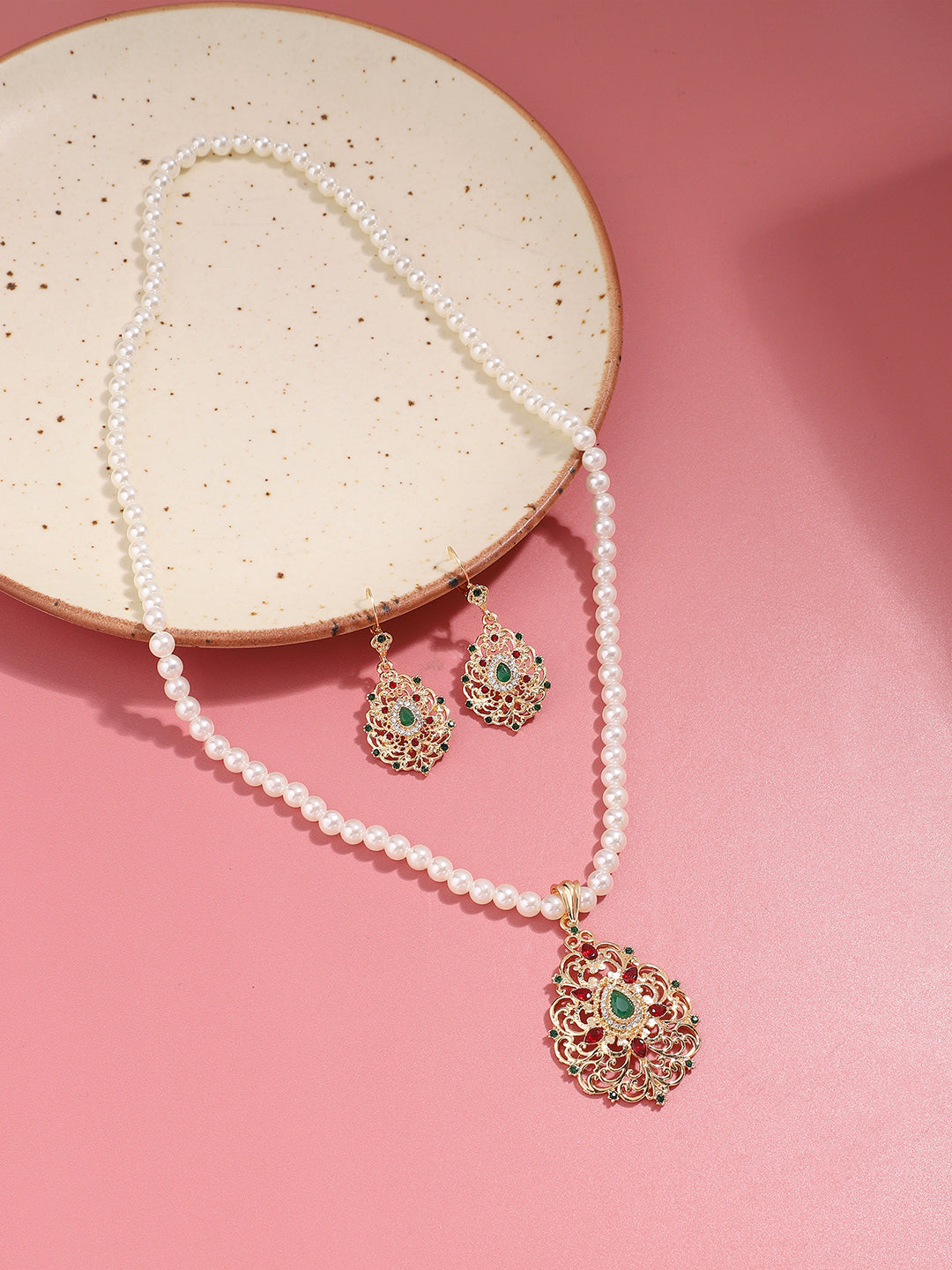Gold Plated Pearls Party Necklace and Earring Set For Women