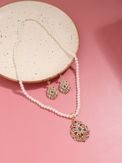 Gold Plated Pearls Party Necklace and Earring Set For Women
