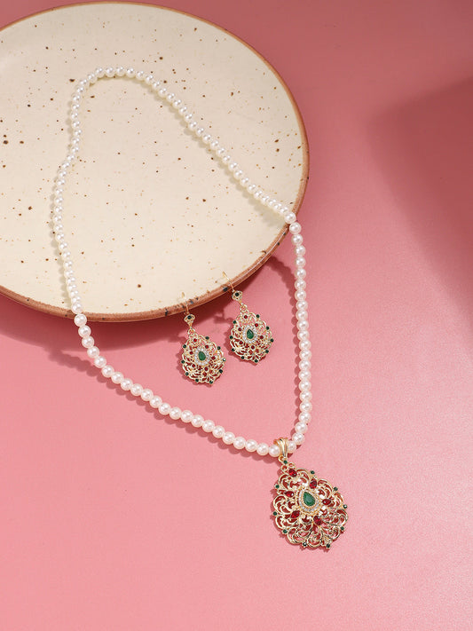 Gold Plated Pearls Party Necklace and Earring Set For Women