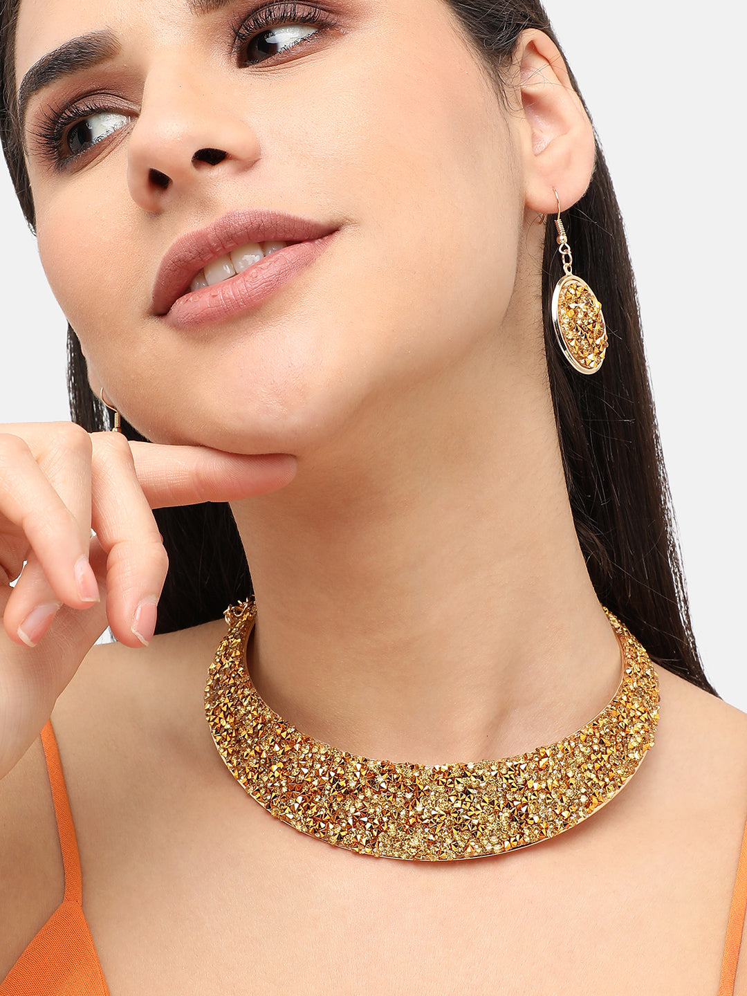 Gold Plated Designer Stone Party Necklace and Earring Set For Women