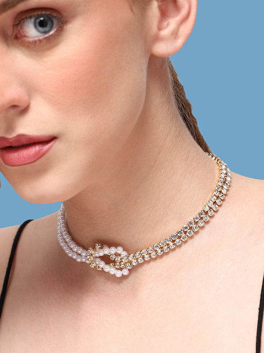GOLD PLATED PARTY PEARLS LAYERED NECKLACE FOR WOMEN