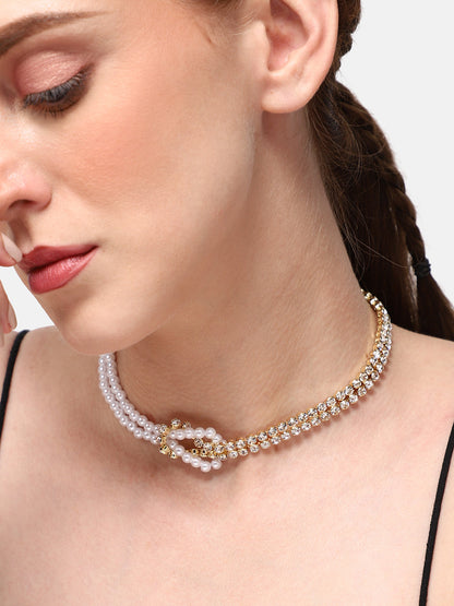 GOLD PLATED PARTY PEARLS LAYERED NECKLACE FOR WOMEN