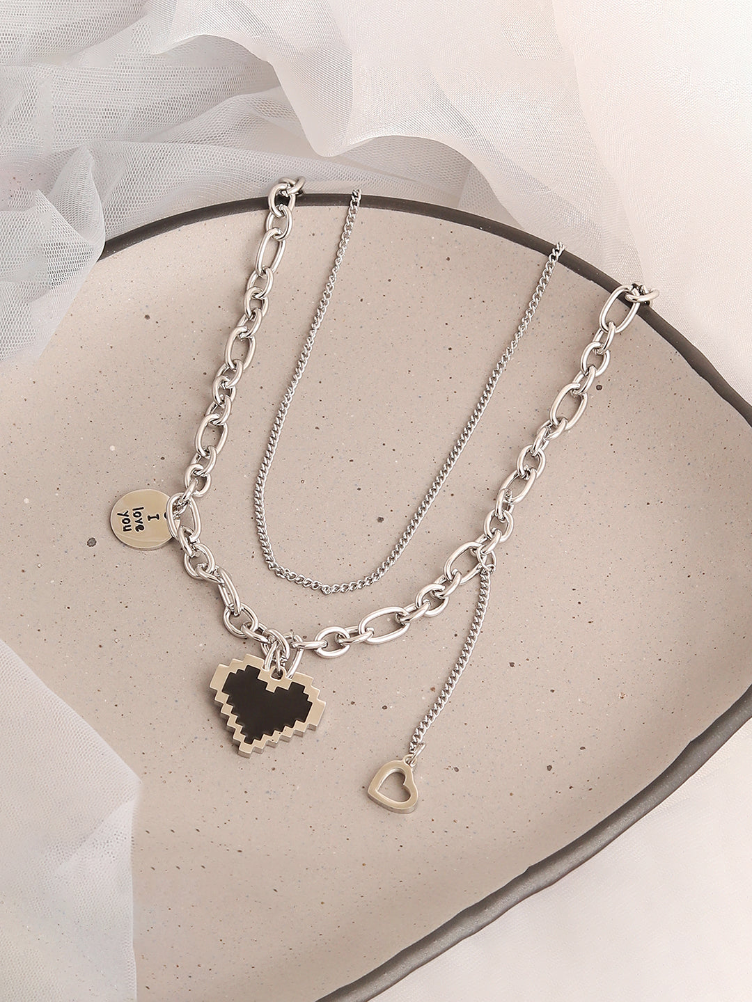 SILVER PLATED PARTY DESIGNER STONE LAYERED NECKLACE FOR WOMEN