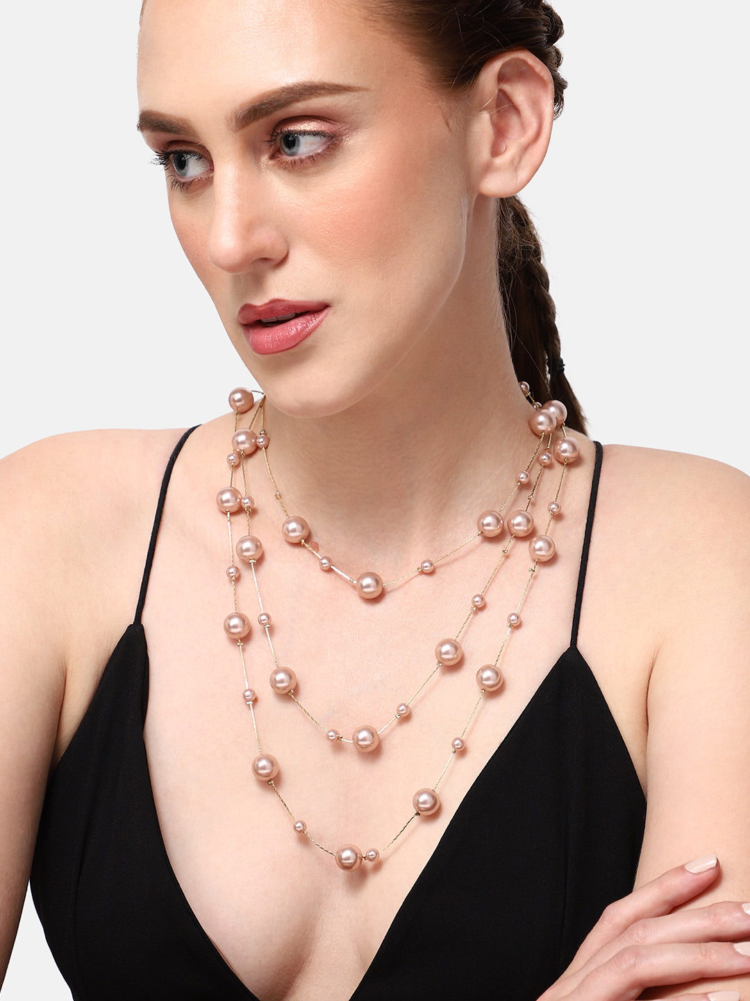 GOLD PLATED PARTY PEARLS LAYERED NECKLACE FOR WOMEN