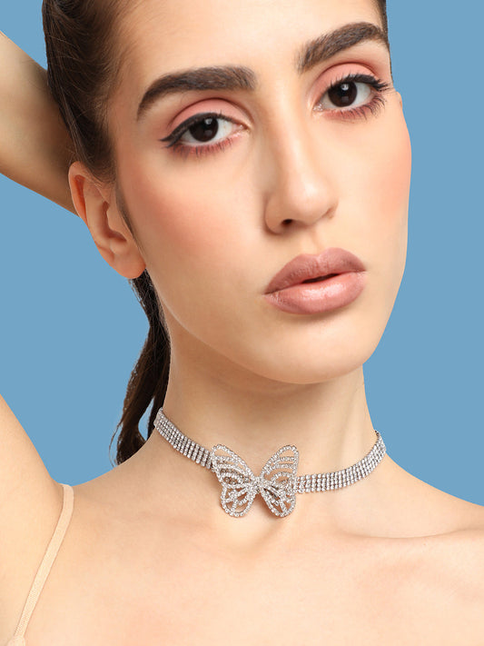 SILVER PLATED PARTY DESIGNER STONE CHOKER NECKLACE FOR WOMEN