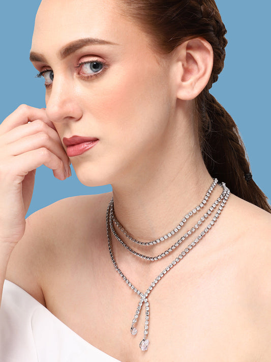 SILVER PLATED PARTY DESIGNER STONE LAYERED NECKLACE FOR WOMEN