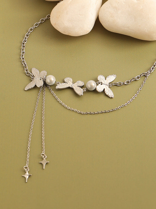 SILVER PLATED PARTY DESIGNER STONE LAYERED NECKLACE FOR WOMEN