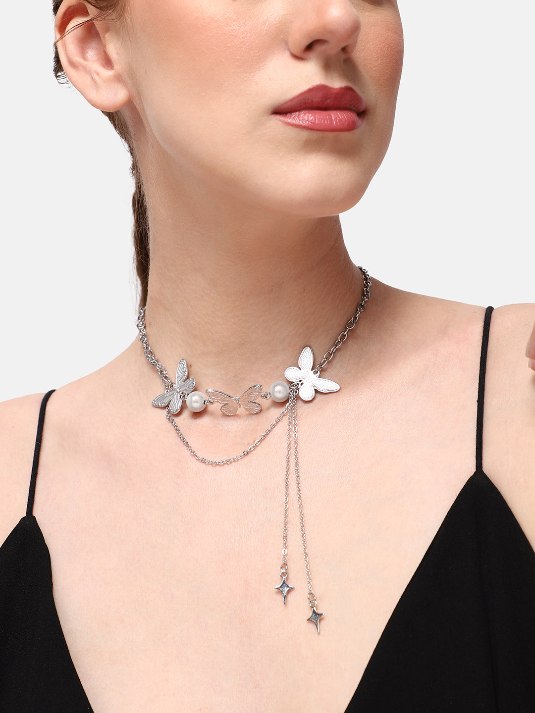 SILVER PLATED PARTY DESIGNER STONE LAYERED NECKLACE FOR WOMEN