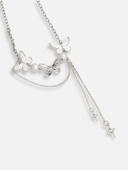 SILVER PLATED PARTY DESIGNER STONE LAYERED NECKLACE FOR WOMEN
