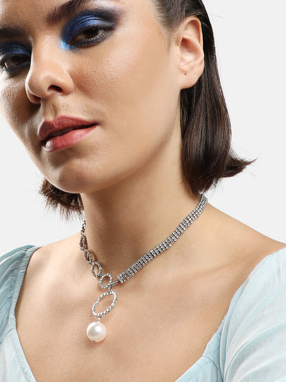 SILVER PLATED PARTY DESIGNER STONE LONG NECKLACE FOR WOMEN