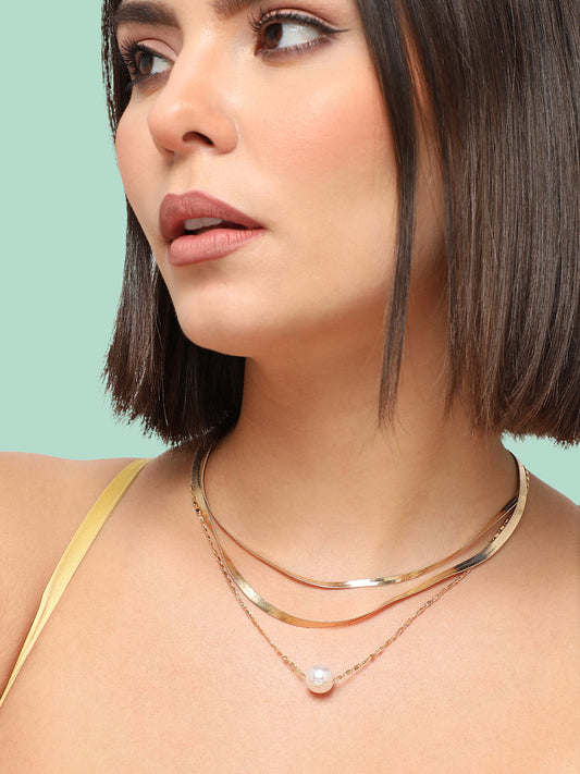 GOLD PLATED CASUAL PEARLS LAYERED NECKLACE FOR WOMEN