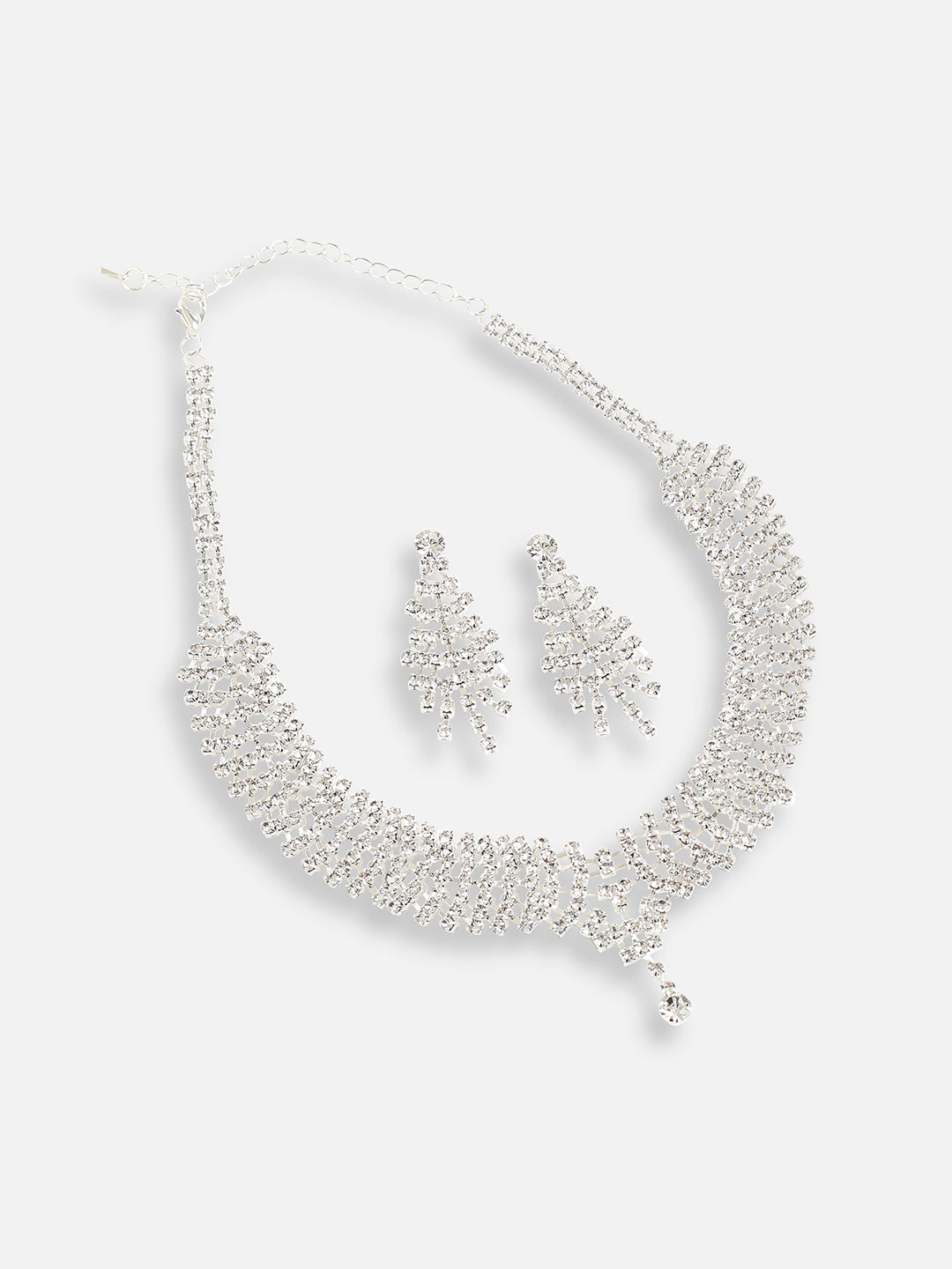 SILVER PLATED PARTY DESIGNER STONE NECKLACE AND EARRING SET FOR WOMEN