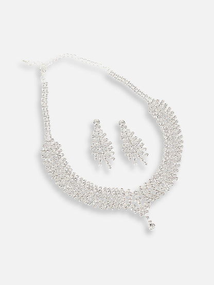 SILVER PLATED PARTY DESIGNER STONE NECKLACE AND EARRING SET FOR WOMEN