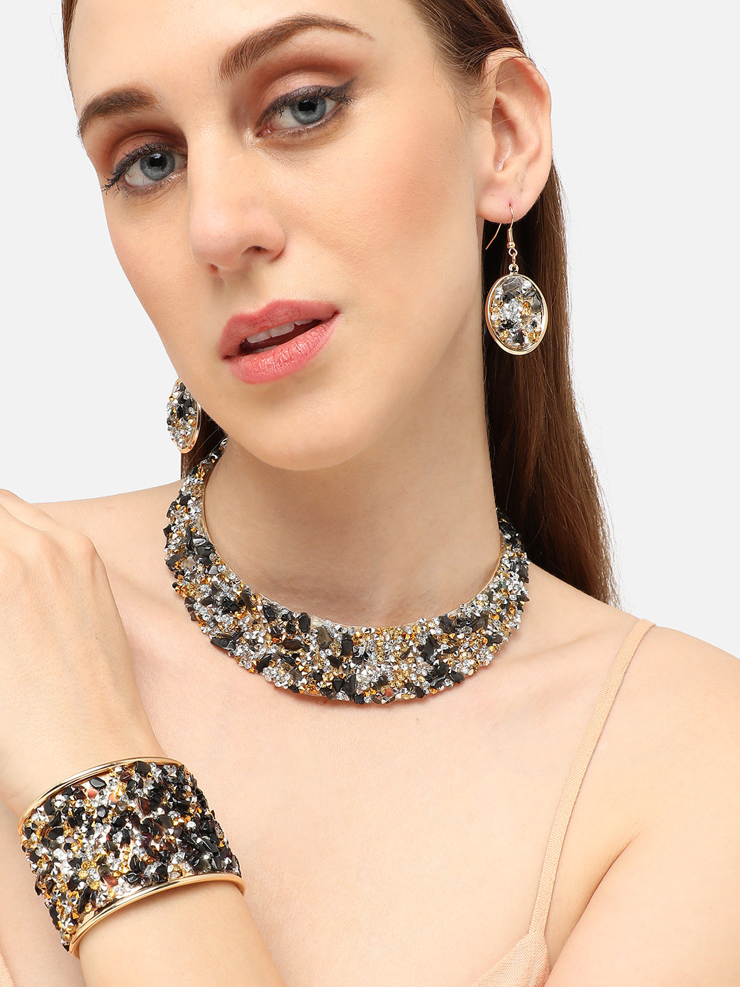 GOLD PLATED PARTY DESIGNER STONE NECKLACE AND EARRING SET FOR WOMEN