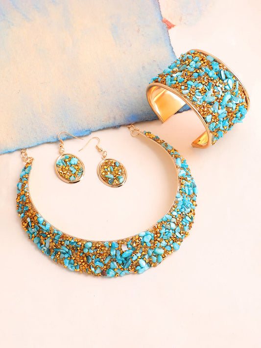 GOLD PLATED PARTY DESIGNER STONE NECKLACE AND EARRING SET FOR WOMEN