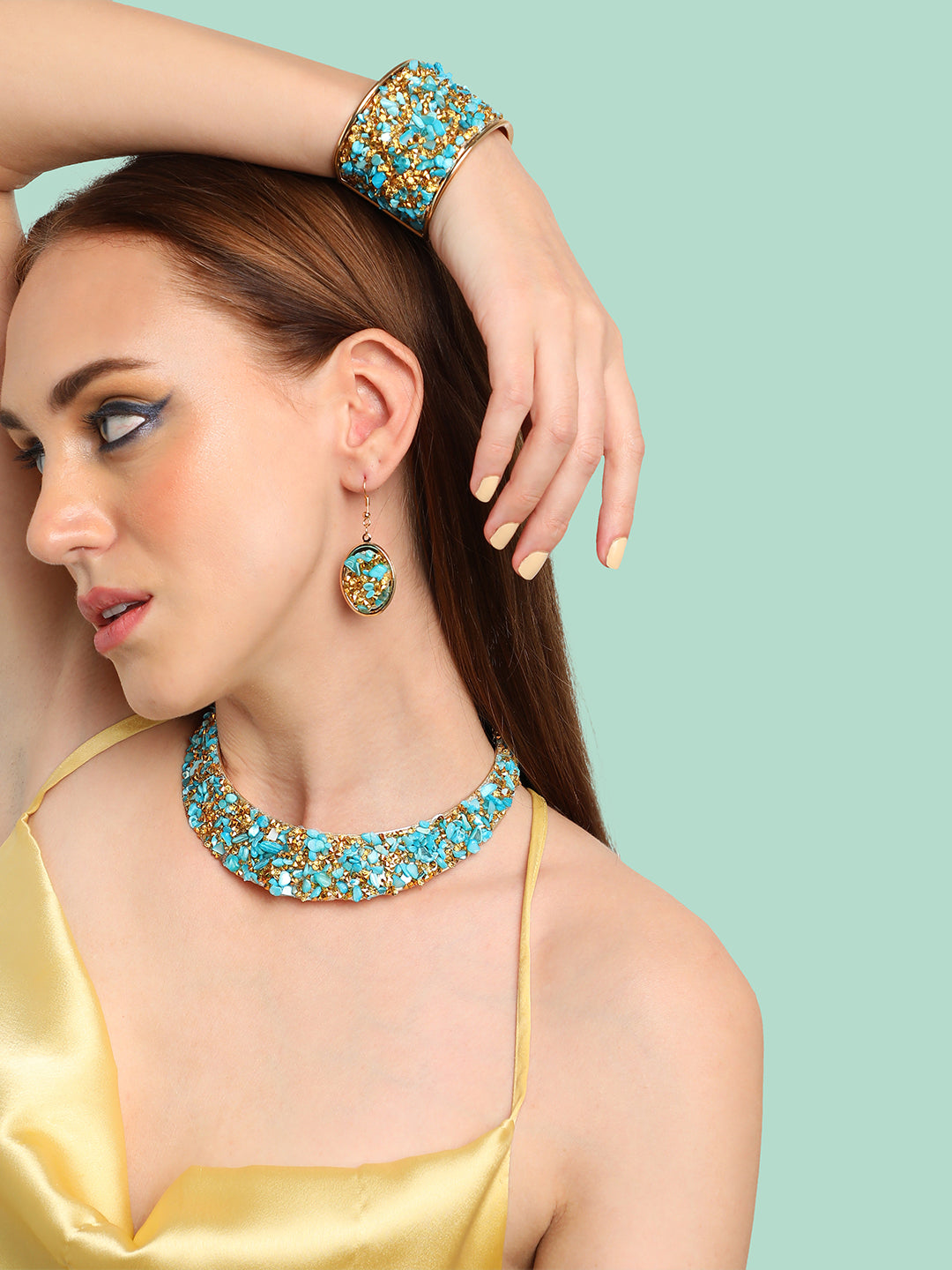 GOLD PLATED PARTY DESIGNER STONE NECKLACE AND EARRING SET FOR WOMEN