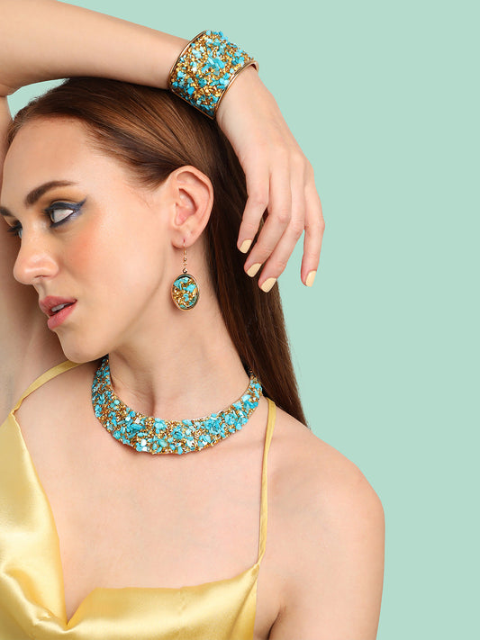GOLD PLATED PARTY DESIGNER STONE NECKLACE AND EARRING SET FOR WOMEN